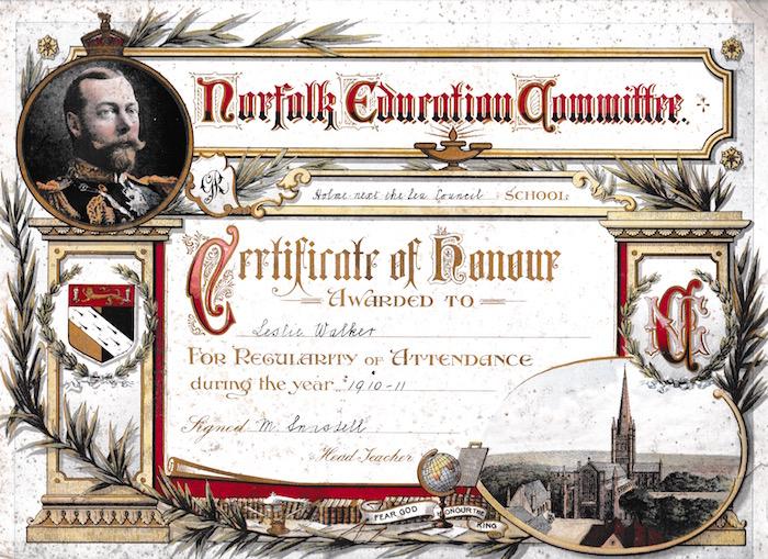 Attendance certificate awarded to Leslie Walker 1910-1911