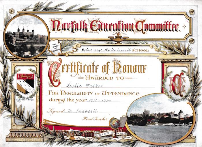 Attendance certificate awarded to Leslie Walker 1913-1914