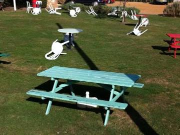 Plastic furniture blown around at the White Horse