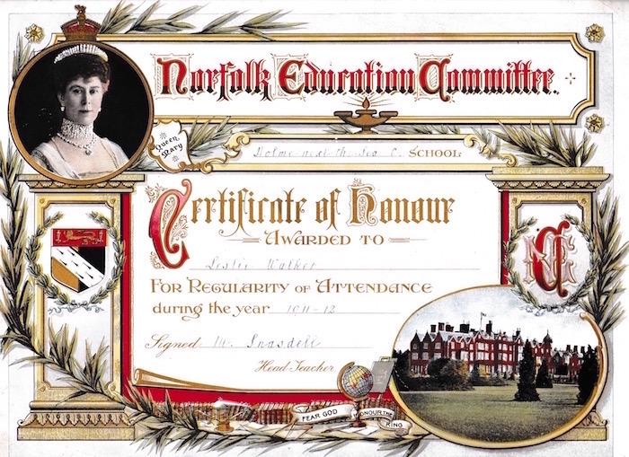 Attendance certificate awarded to Leslie Walker 1911-1912
