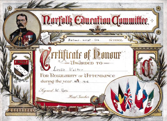 Attendance certificate awarded to Leslie Walker 1915-1916